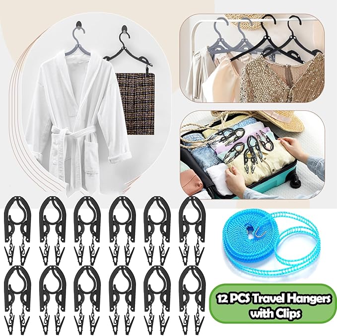 12 PCS Travel Hangers,Portable Folding Clothes Hanger,Travel Accessories Foldable Travel Hangers with Clips,Foldable Clothes Drying Rack for Travel,Black Plastic Non Slip Clothing Hangers
