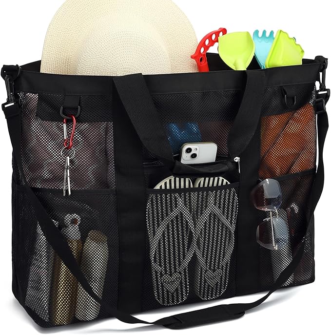 Fammart Mesh Beach Bag, Large Beach Tote with Zipper Pocket, Toys Pool Bag for Family Travel Vacation Cruise Essentials
