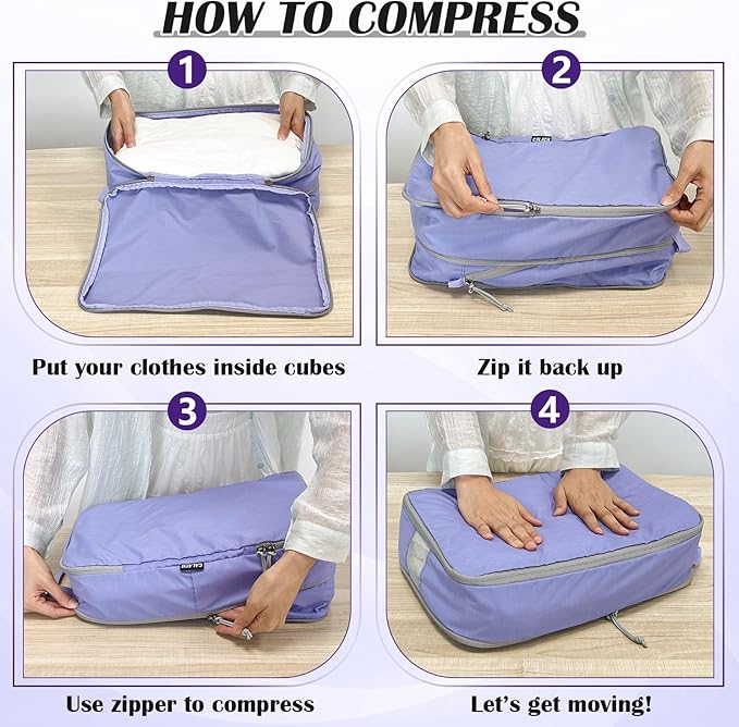 Extra Large Compression Packing Cubes for Travel Essentials, 2 Set Expandable Travel Cubes for Packing Compression Bags Luggage Suitcase Organizer, Purple