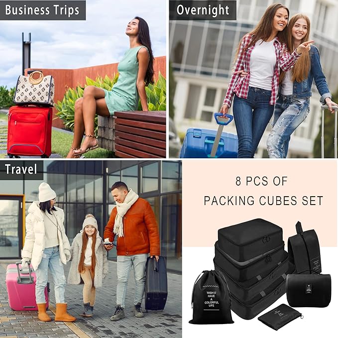 Packing Cubes, 8 Pcs Travel Packing Organizers for Suitcases, Large Capacity Travel Luggage Organizers Set includes 8 Storage Bags, Travel Essentials for Women or Men (Black)