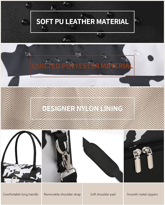 Weekender Bags for Women, Travel Duffle Bag Carry On Overnight Bag with Cosmetics Bag and Crossbody Purse for Gym Hospital, Gifts for Women, Cow Print Black