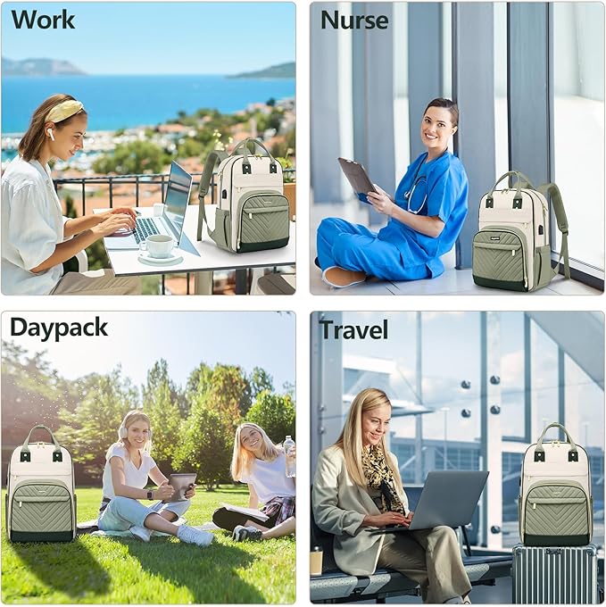 Laptop Backpack for Women Work Bag - Fits 17.3 Inch Laptop Bag Travel Work Backpack Anti-theft Bags with USB Charging Business Computer Waterproof Backpack Purse for Nurse Teacher Beige Light Green