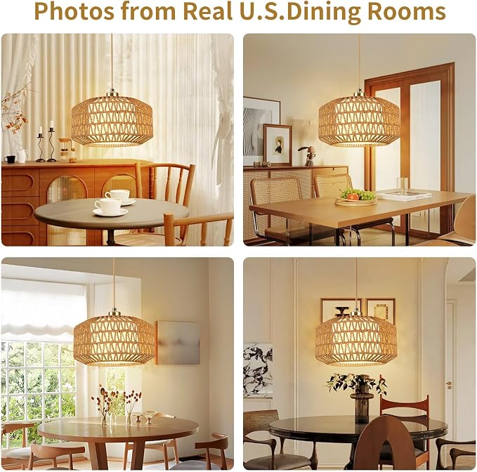 Plug in Pendant Light, Rattan Hanging Lights with Plug in Cord | Rattan Woven and Fabric 2 in 1 LampShade, Hanging Lamp Plug in for Bedroom Living Room Kitchen Island (Bulb Included)