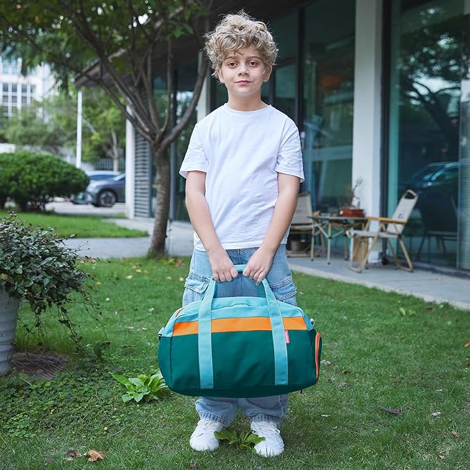 WOOMADA Kids Duffle Bag for Boys or Girls, Kids Overnight Bag with Shoe Compartment&Wet Pocket, Ideal for School Practice, Sports, Travel(green blue)