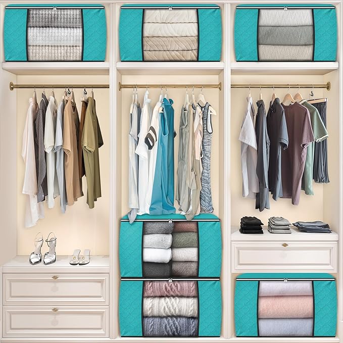 Fab totes 24 Gallons Clothes Storage, Foldable Thick Fabric Blanket Storage Bags, Containers for Organizing Bedroom, Closet, Clothing, Comforter, Organization with Handle (6 Pack,Green)