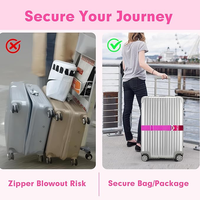 2-in-1 Travel Belt for Luggage Over Handle, Luggage Belt for Carry on Bag, Suitcase Straps, Add a Bag Bungees Luggage Straps Adjustable with Alloy Buckle,Hands-Free for Airport (Pink, 2 Pack)