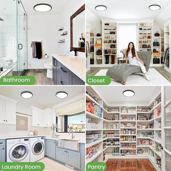 zemty Black Ceiling Light 9 Inch,24W 2400lm Bright LED Flush Mount Light Fixture 3000K/4500K/6000K Adjustable,Thin Flat Ceiling Lamp for Bathroom Closet Pantry Hallway - 2Pack