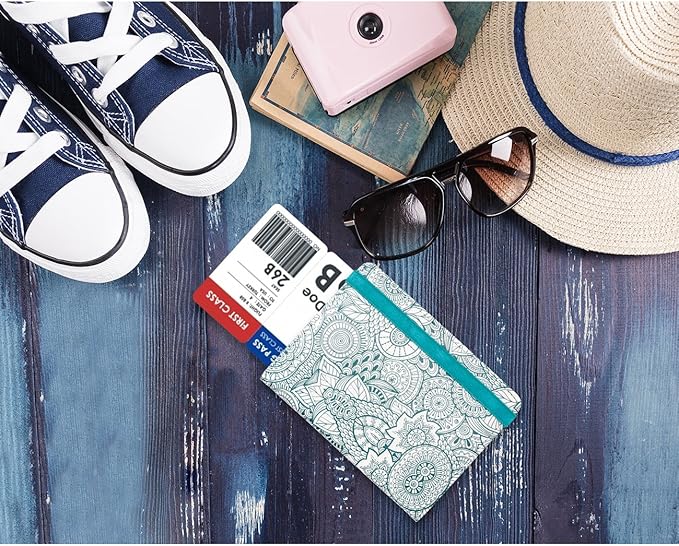 WALNEW Passport Holder for Travel, RFID Passport Cover Wallet for Women Men, PU Leather Passport Book Card Holder Case with Pen (Elastic Band Closure, D-Green Petals)