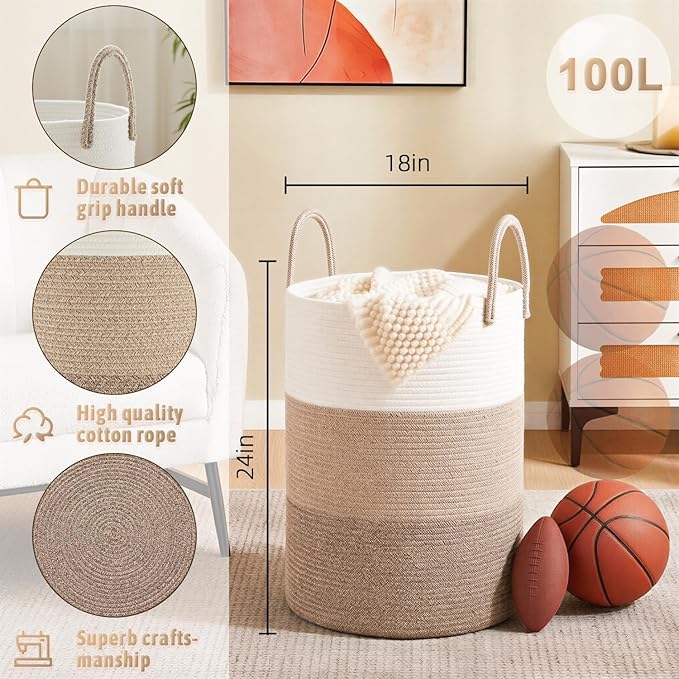 Laundry Basket,Woven Cotton Rope Laundry Hamper,100L for Decorative Storage of Dirty Clothes,Toys and Blankets in Bathroom,Bedroom and Living Room