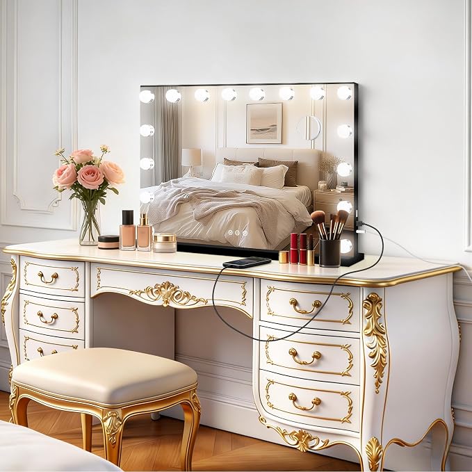 Moonee Vanity Mirror with Lights, Black Hollywood Lighted Makeup Mirror with 17 Dimmable Bulbs and 10X Magnification, 3 Colors Modes, Aluminum Metal Frame, Light Up Mirror for Tabletop/Wall(26" x 20")