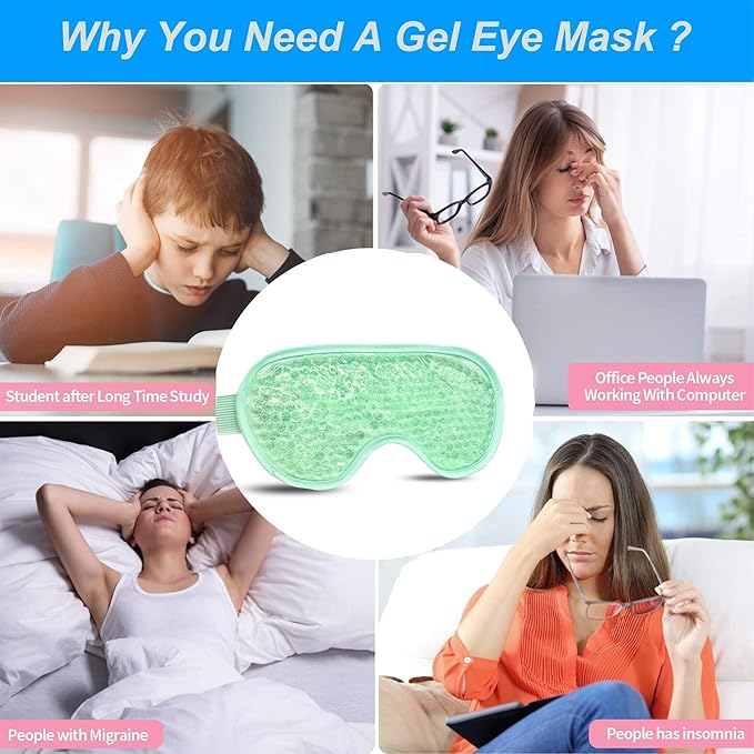 2PCS Gel Eye Mask Reusable Cold Therapy Gel Bead Eye Mask for Puffiness/Dark Circles/Eye Bags/Dry Eyes/Headaches/Migraines/Stress Relief(Green)