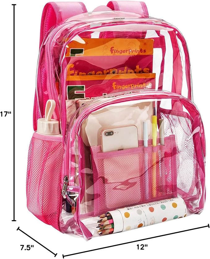 Vorspack Clear Backpack Heavy Duty PVC Transparent Backpack with Reinforced Strap Stitches & Large Capacity for College Workplace Security - Pink