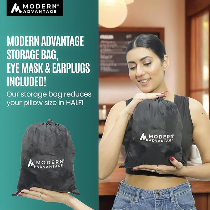 Modern Advantage Inflatable Travel Pillow for Airplanes with Adjustable Extra Bottom, Support Head & Chin to Avoid Neck & Shoulder Pain, for Travelling, Office Napping with Eye Mask & Earplug