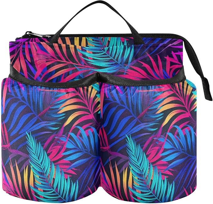 DOMIKING Tropical Palm Leaf Travel Luggage Cup Holder for Suitcase Free Hands Drink Carrier with Storage Pockets for Beverages Bottles