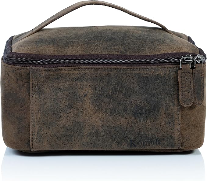 KomalC Leather Toiletry Bag For Men & Women, Handcrafted Travel Kit, Water-Resistant Shaving Bag For Men Travel, Premium Rustic Toiletry Pouch with Zipper Closure (1 Zip Hunter)