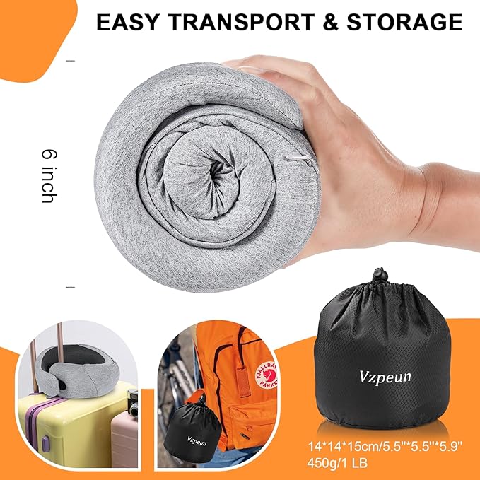 Travel Pillow - Hooded Neck Pillow Airplane Memory Foam Filling for Plane, Cars Sleeping, Road Trip, Long Flights, Portable Plane Accessories, Includes Eye Mask & Earplugs (Light Gray)