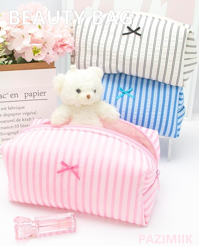 Cozy Makeup Bag Small Aesthetic Travel Zipper Cosmetic Pouch for Women Make Up Beauty Accessories Brushes, Stripe Cute Pink