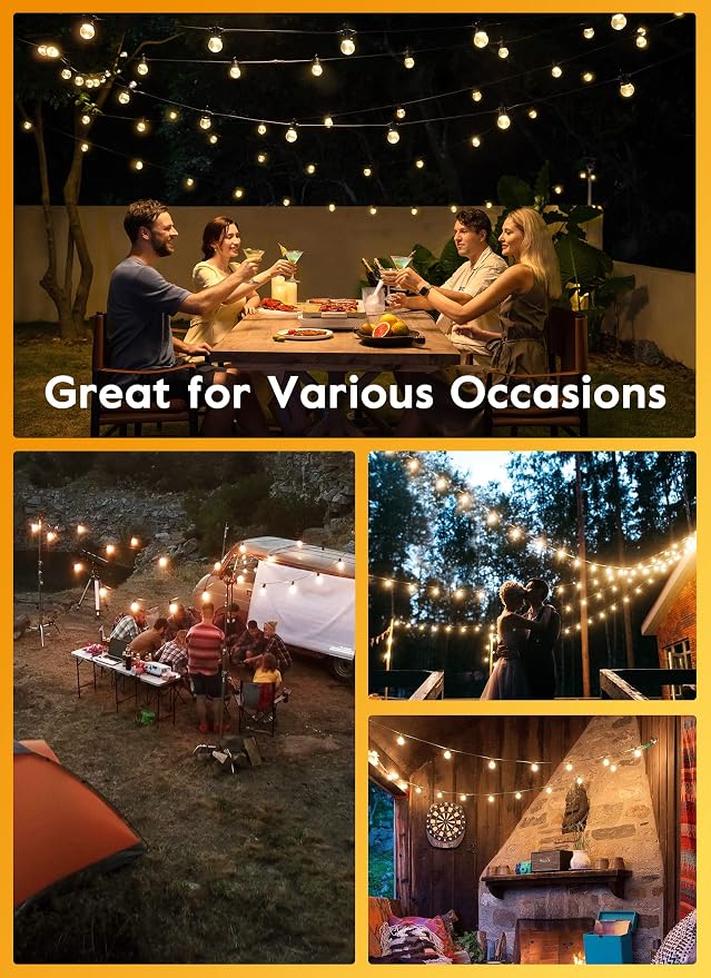 Brightown Outdoor String Lights, 38FT 15 Shatterproof LED Bulbs with Remote, Waterproof Dimmable Patio Hanging Lamps for Porch, Balcony, Bistro, Cafe, Deck, Backyard