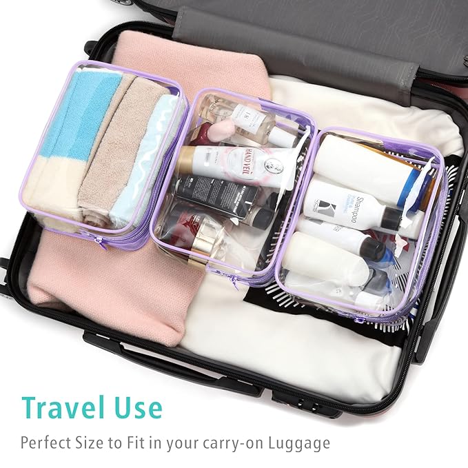 F-color TSA Approved Toiletry Bag 3 Pack Medium - Clear Makeup Bag Travel Quart Size for Women Men, Clear Cosmetic Bag Airport Airline Compliant Carry on Bag, Macaron Purple