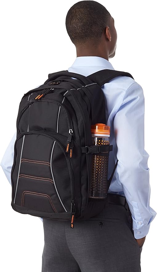 Amazon Basics Padded Laptop Backpack with Water Bottle Pockets, Travel Work Bag with Compartments, Fits Up to 17-Inch Laptops, Black