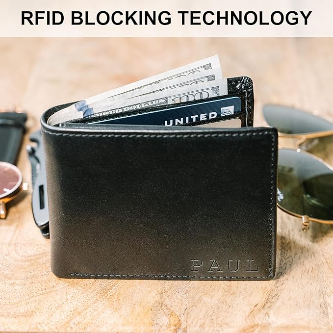 STAY FINE Personalized Wallet for Men, Custom Engraved Leather RFID Blocking Bifold, 2 ID Windows, 8 Card Slots, Gift for Him, Black