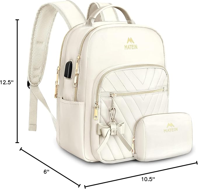 MATEIN Cute Backpacks for Women, Mini Stylish Daypack Purse, Waterproof Anti-theft Travel Casual Daily Rucksack Shoulder Handbag for Work College Dating, 2pcs Sets, Beige
