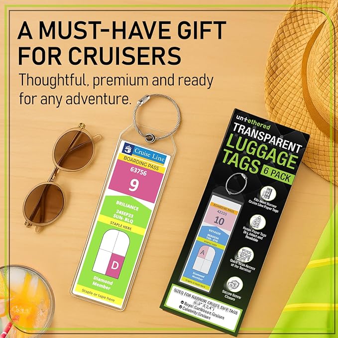 Untethered Cruise Luggage Tag Holders (6 Pack, Narrow) | Clear Luggage Tags for Cruise Ships | Durable PVC Travel Bag ID Tags (6.3" x 2.4")