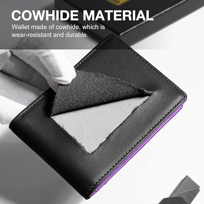 GSOIAX Slim Wallet for Men Rfid Blocking Leather Bifold Front Pocket Carbon Fiber Credit Card Holder Novelty Wallets With Gift Box (Black and Purple)