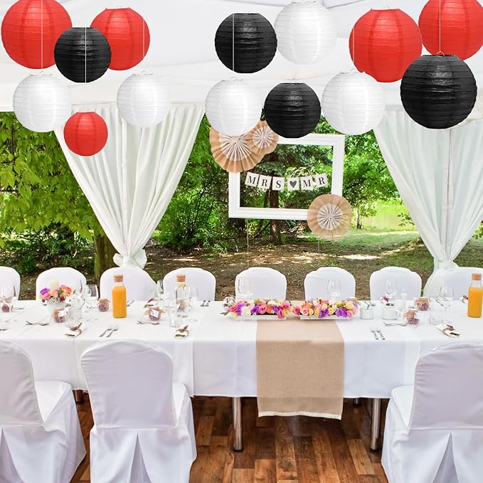21Pcs Black Red White Paper Lanterns, 4-10in Round Hanging Decor, Parties | Black Red White Hanging Paper Lanterns, 21 Pcs 4/6/8/10in, Halloween & Modern Christmas Party Decor Birthdays Classroom
