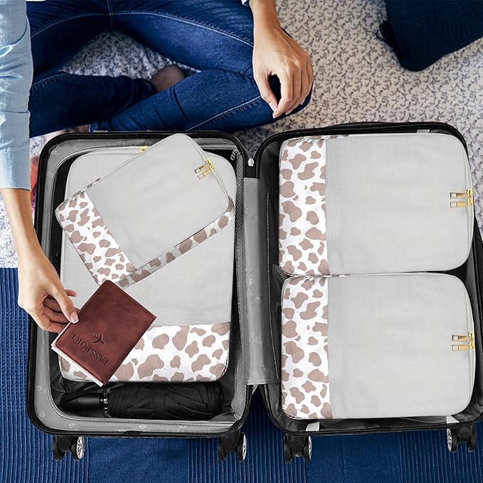 4 Set Packing Cubes Travel Luggage Organizers Compression cubes for Suitcase Travel Accessories for Women Girls Aesthetic Cute-Brown Cow Pattern