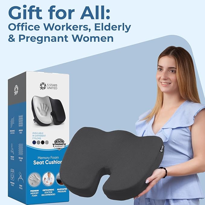 5 STARS UNITED Seat Cushion - Memory Foam Chair Cushion for Tailbone Pain Relief - Ergonomic Support for Coccyx, Sciatica & Butt - Office, Desk & Gaming Chair, Car Seat, Wheelchair, Airplane, D Gray