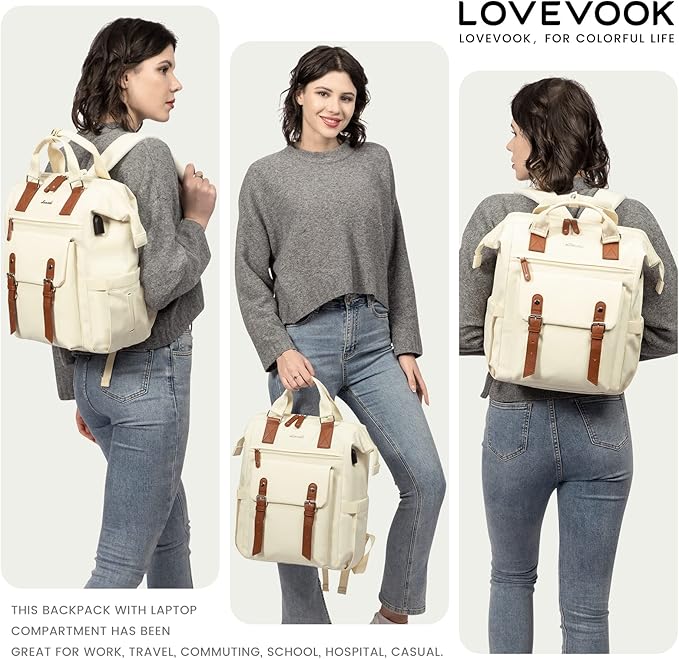 LOVEVOOK Laptop Backpack for Women Work Travel Commuter Backpack Business Computer Bag Teacher Doctor Nurse Bags College Backpack Purse, 15.6 Inch, Beige-Brown-Brown