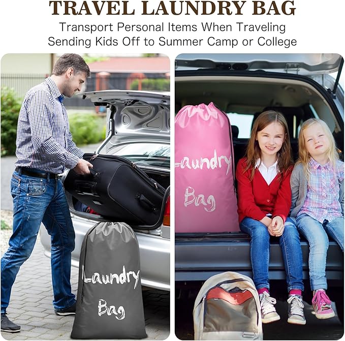 2 Pack XL Travel Laundry Bags for Dirty Clothes - Extra Large Heavy Duty Drawstring Laundry Bag Holds 4 Loads - Cruise Ship, Camping, Road Trip, Vacation Essentials Must Haves 2025 (Pink + Gray)