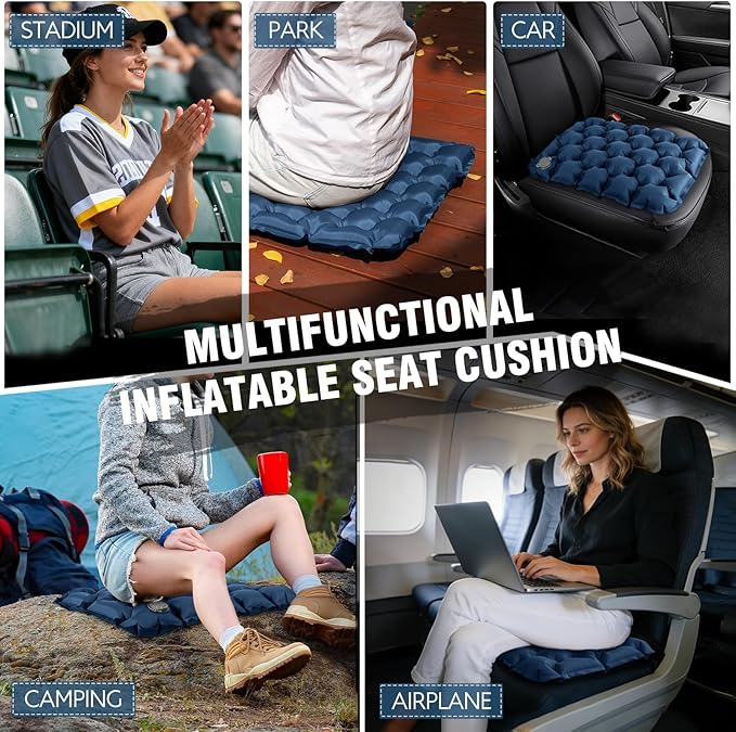 Inflatable Seat Cushion Portable Lightweight Stadium Seat Pad Travel Air Seat Cushion for Long Flights Camping Hiking Bleacher Airplane Stadium Office
