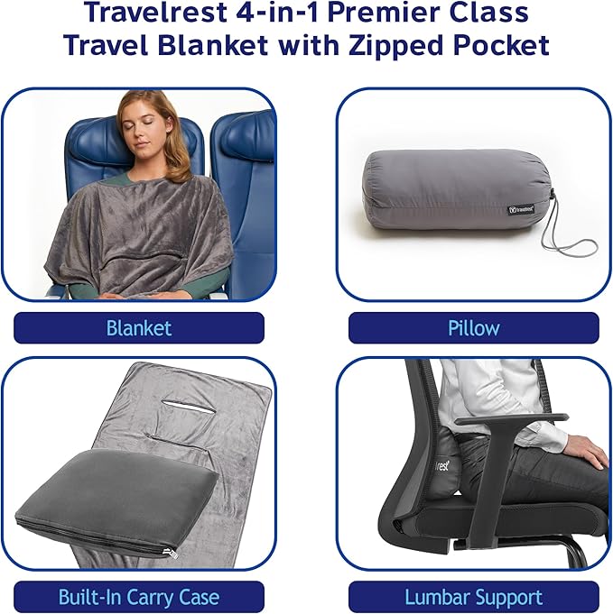 TRAVELREST 4-in-1 Travel Blanket – Wearable Blanket, Pillow & Body Wrap, Lightweight, Compact & Cozy with Carry Case, Travel Friendly, Comfort, Ideal for Airplanes, Long Flights, Road Trips - Grey