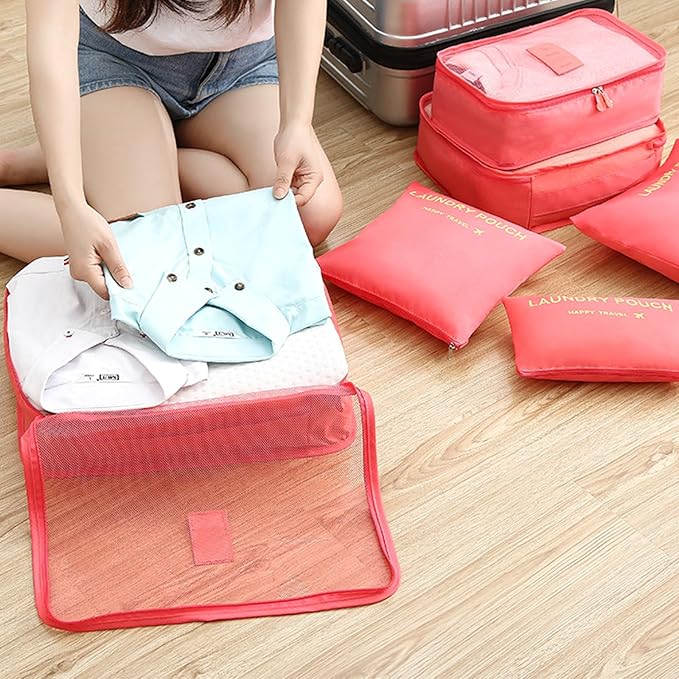 6 Set Packing Cubes for Travel Luggage Packing Bags Reusable Waterproof Suitcase Organizer Bags Set with Shoe Bag and Toiletry Bag (Watermelon Red)