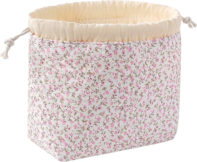 uekeboag Cotton Quilted Seersucker Makeup Bag with Canvas Lining,Coquette Aesthetic Cute Travel Toiletry Bag,Drawstring Gift Bag for Women and Girls(Pinkfloral)