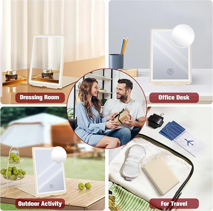 Travel Makeup Mirror with Lights Valentines Day Gifts for Her, Girlfriend, Wife, Birthday Gifts Rechargeable Portable Folding Compact LED Mirror Set with Tweezer 3 Color Light Modes-Cream