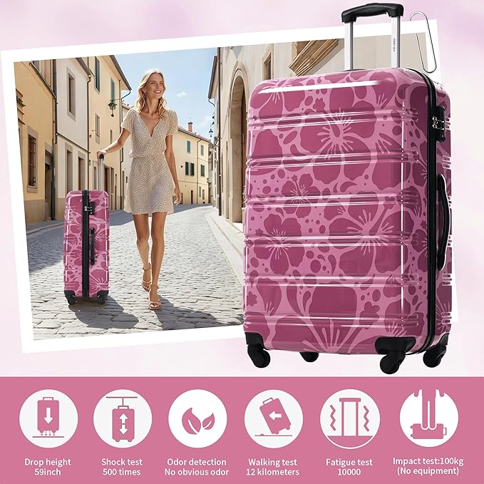 Merax Luggage Sets 3 Piece, Hardside Suitcase Set with Spinner Wheels, Lightweight Printing Luggage Carry on,20+24+28 IN,Purple Pink