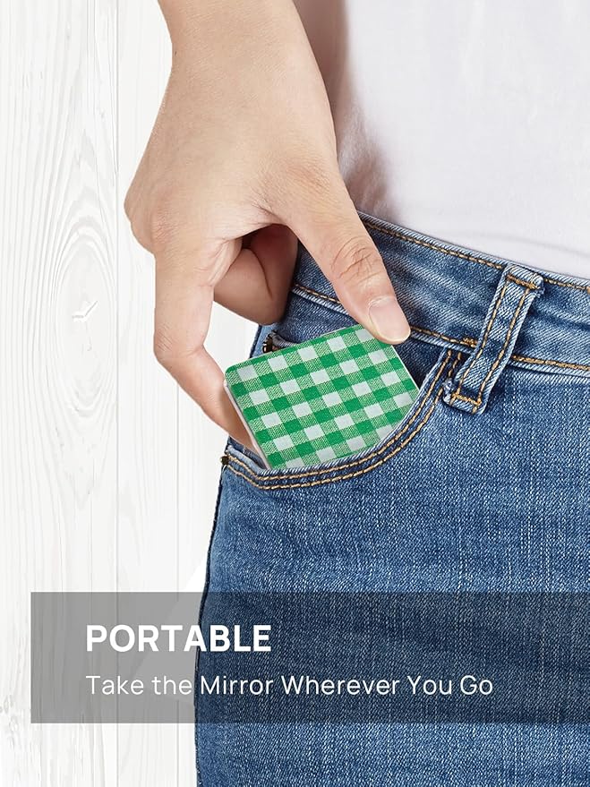 OMIRO Compact Mirror, Unique Plaid Pattern PU Leather 1X/3X Magnification, Ultra Portable for Purses, 2.76" W x 2.76" L, Green Plaid