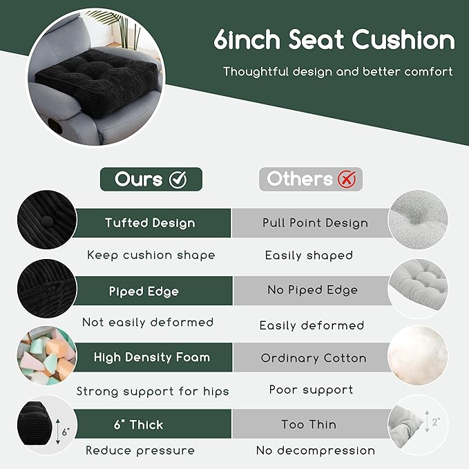 HIGOGOGO Tufted Corduroy Recliner Seat Cushion for Elderly, 20x20x6 Inch Extra Large Square Seat Cushion for Recliner Chair, Floor Pillow, Office Chair, Car, No Pressure on Thighs, Black