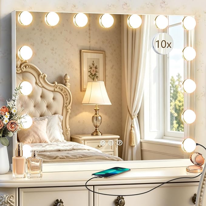 Ratsamee Hollywood Vanity Mirror with Lights, 23" x 18", 15 Dimmable Bulbs, 3 Color Lights, Make Up Lighted Mirror, USB Charging Port, Gifts for Women Wife Teengirls White