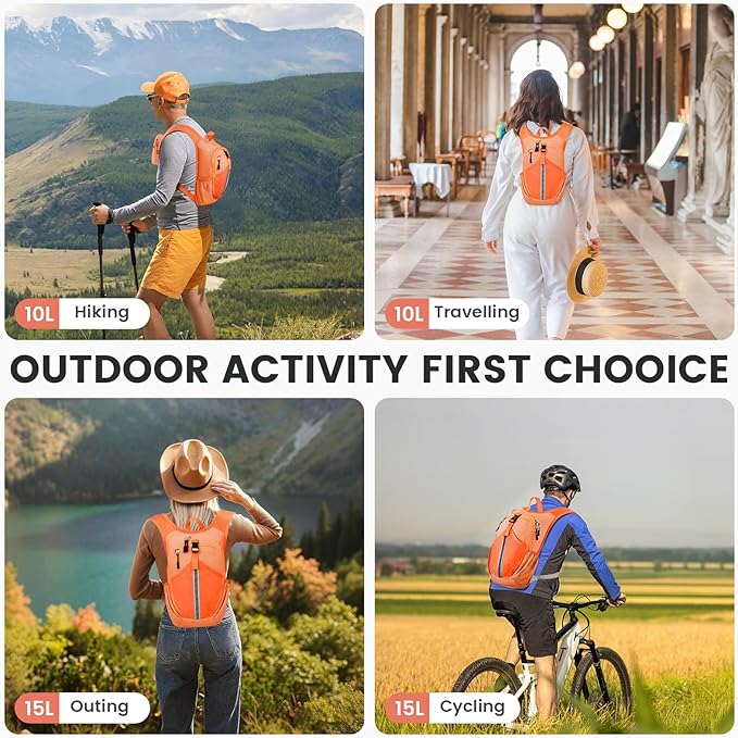 Small Hiking Backpack 15L-Lightweight Packable Foldable Backpack for Travel Camping Outdoor Commute,Compact Rucksack for Women Men(Orange)