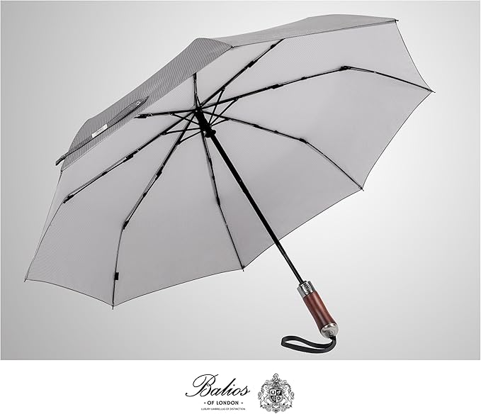 Balios (Designed in UK) Travel Umbrella Luxurious Golden Hardwood Handle Auto Open & Close Windproof Frame Single Canopy Automatic Folding Umbrella Men's & Ladies