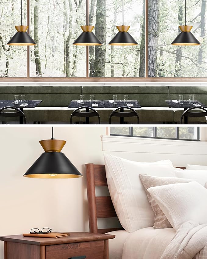 ELYONA Modern Pendant Light Kitchen Island, 10" Solid Wood Hanging Lamp with Matte Black Metal Shade & Gold Inner Finish, Farmhouse Pendant Light Fixtures for Dining Room Bedroom Living Room Hallway