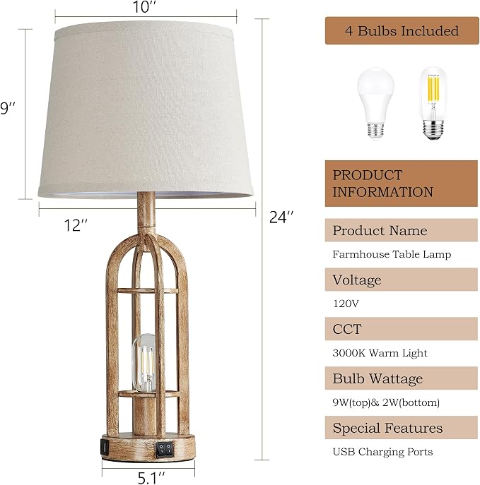 SRJJA Table Lamps for Living Room End Table Set of 2 - Rustic Farmhouse Bedside Lamps for Bedroom Nightstand with Nightlight and USB A+C, 4 Bulbs Included