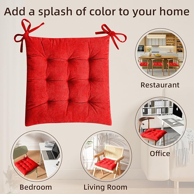 HLOVME Corduroy Chair Cushion with Ties Ultra Soft Warm Floor Cushion for Kids Reading Nook Comfortable Square Seat Cushion for Adult 15.7”x15.7”, Bright red