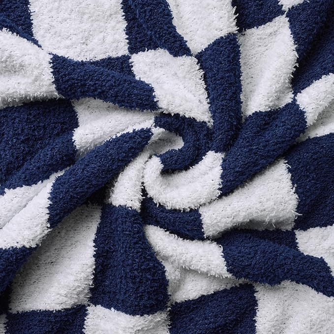 Checkered Throw Blanket, Dark Blue Soft Cozy Fluffy Knitted Throw Blankets for Couch, Sofa, Bed, Chair, Warm Fuzzy Travel Picnic Lightweight Plaid Blanket, 50x70 inches