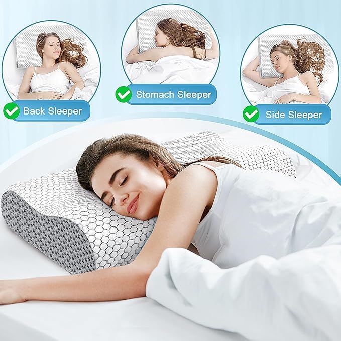 CloudBliss Memory Foam Pillow, Ergonomic Neck Contour Cervical Pillow for Back and Shoulder Pain, Orthopedic Pillow for Neck Pain Relief, for Sleeping Side, Back, Stomach Sleepers - Grey, Queen