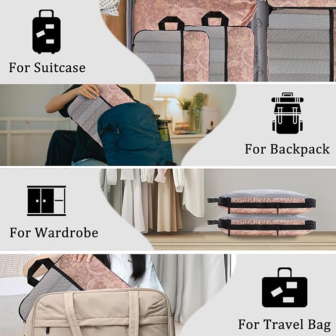 U+U 6 Set Compression Packing Cubes - Ultralight Travel Organizers with Laundry Bag, Space-Saving Suitcase Organizer, Expandable Packing Cubes for Travel and Family Vacation (Paisley Pattern)
